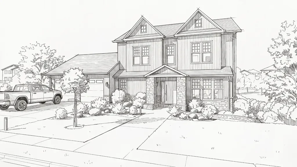 3D render of a farmhouse with a monochrome architectural AI effect by Cedreo