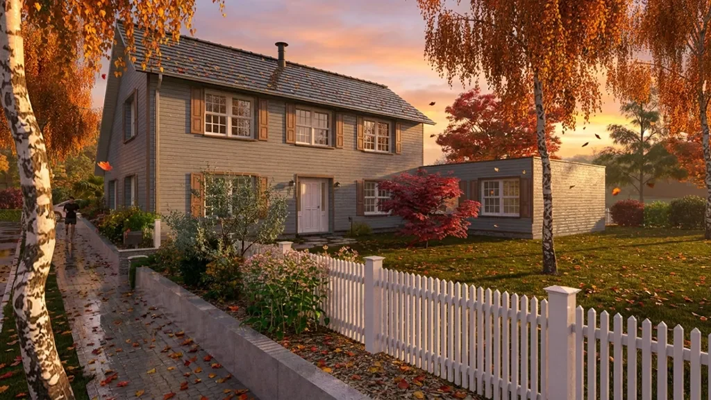 3D render of a saltbox house with fall AI effect by Cedreo