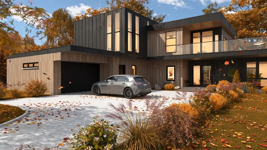 3D render of a modern house in the fall by cedreo