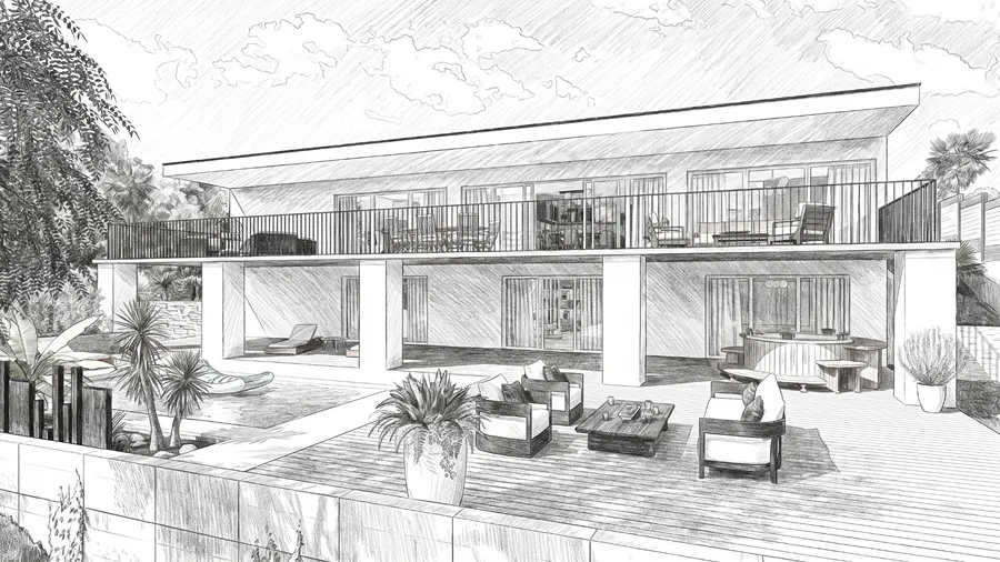 3D render of a contemporary house with a black pencil AI effect by Cedreo