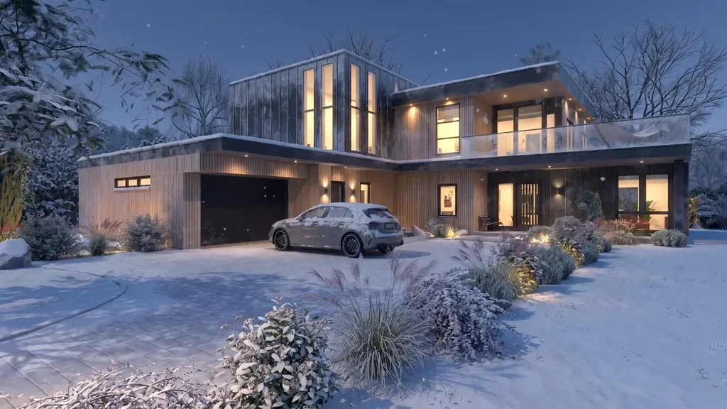 3D render of a modern house with a winter night AI effect by Cedreo