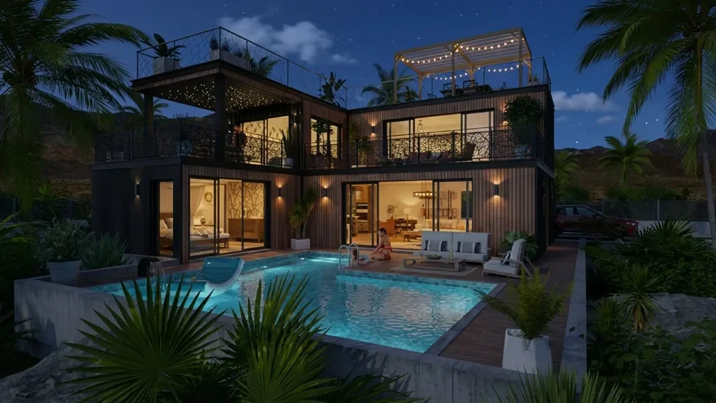 3D render of a container house with a night AI effect by Cedreo