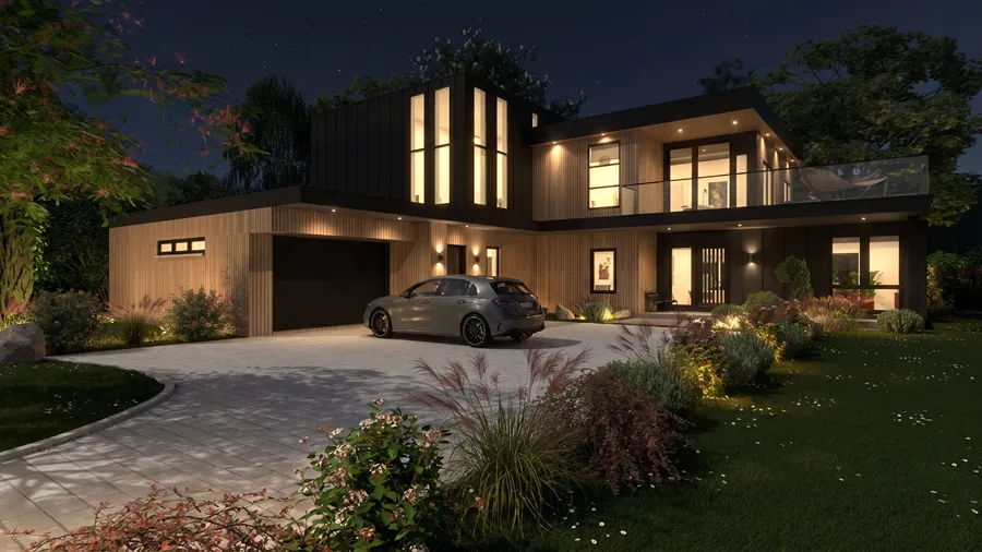 3D render of a modern house with a night AI effect by Cedreo
