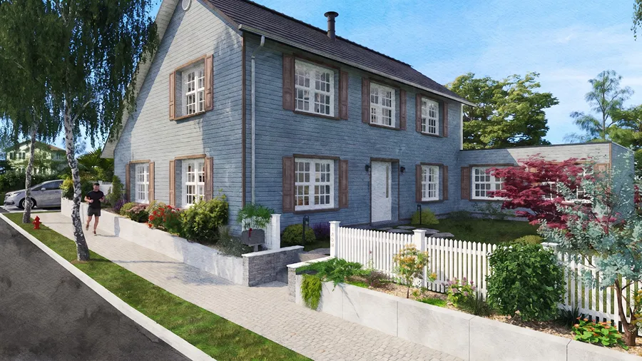 3D render of a saltbox house wuth a watercolor AI effect by Cedreo