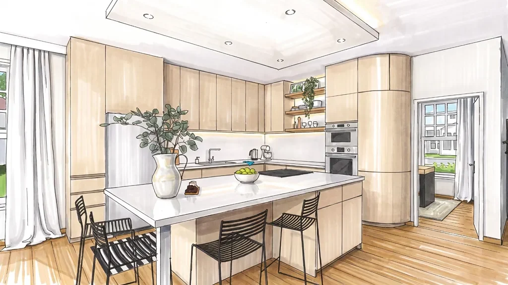 3D render of kitchen with a marker AI effect by Cedreo