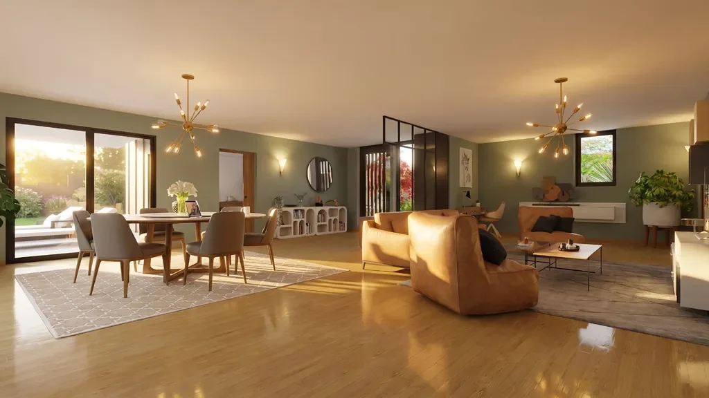 3D render of livingroom with a sunrise AI effect by Cedreo