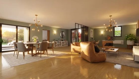 3D render of a living room at sunrise by Cedreo