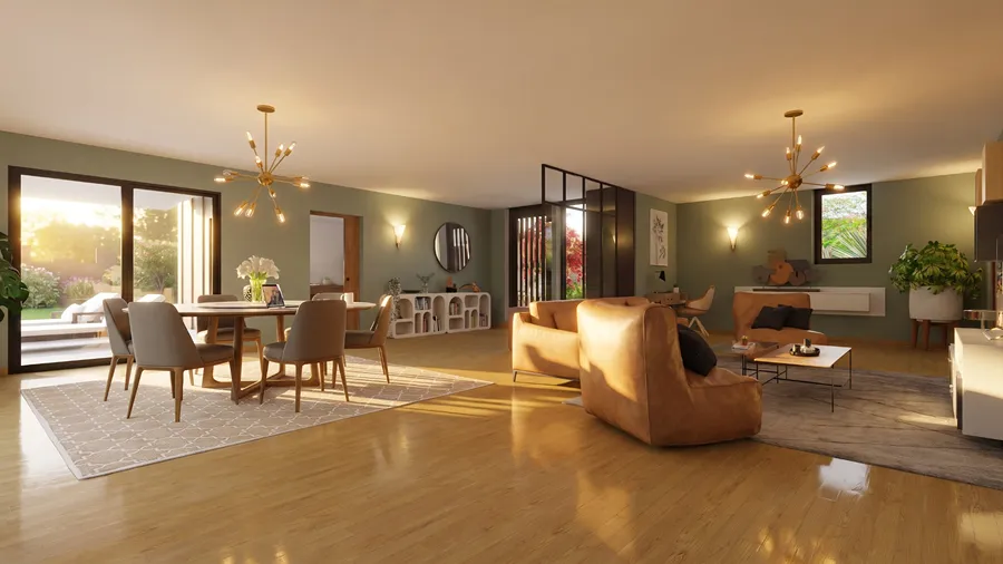 3D render of a living room at sunrise by Cedreo