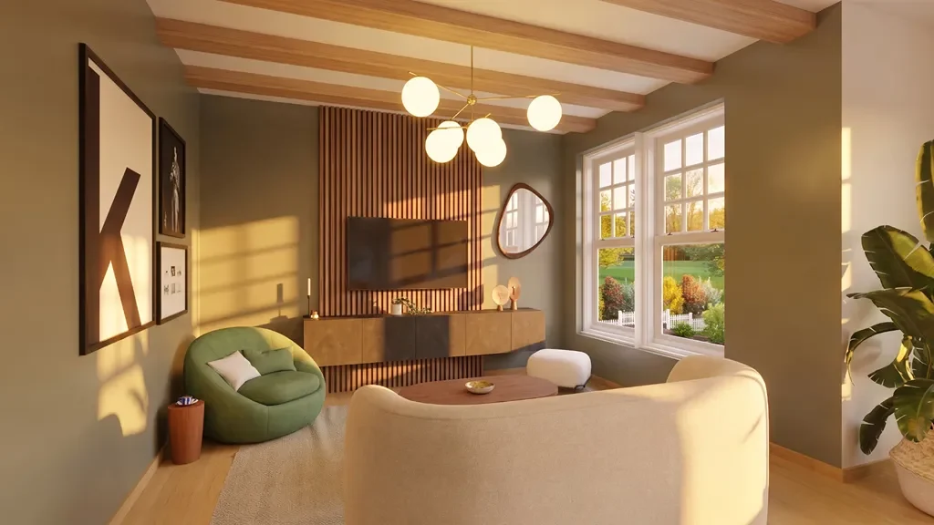 3D render of a livingroom with a sunset AI effect by Cedreo