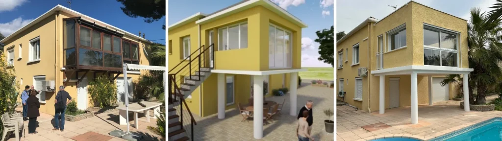 Exemple avant / rendu 3D / après d'un projet Camif Habitat
