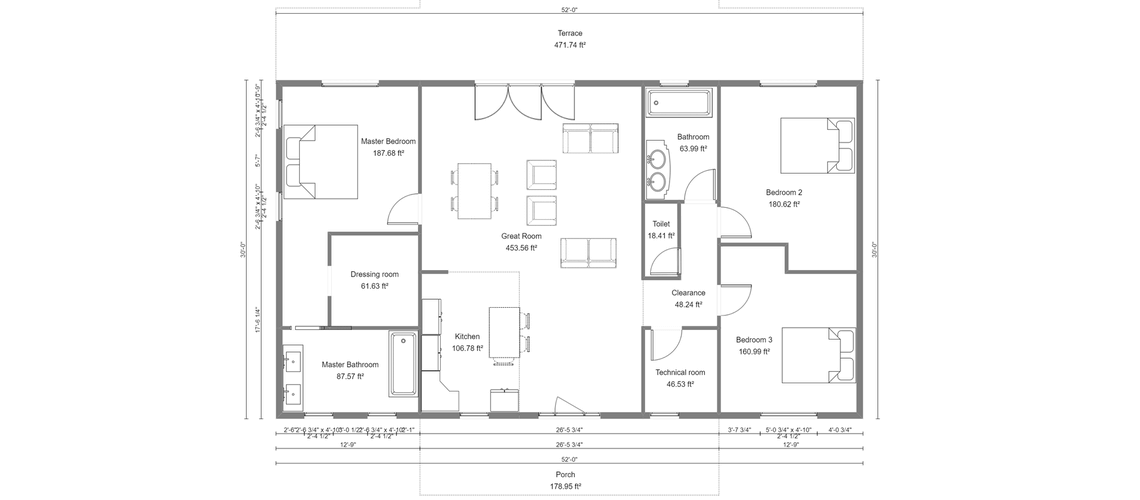 2D floor plan of a small house with technical symbols