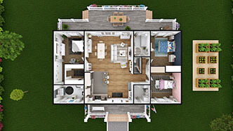 Ejemplo de plano 3D de una casa de 3 dormitorios