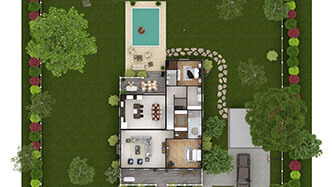 Plano de casa en 3D con ejemplo de diseño paisajístico