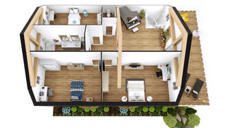 barndominium 3d floor plan from above