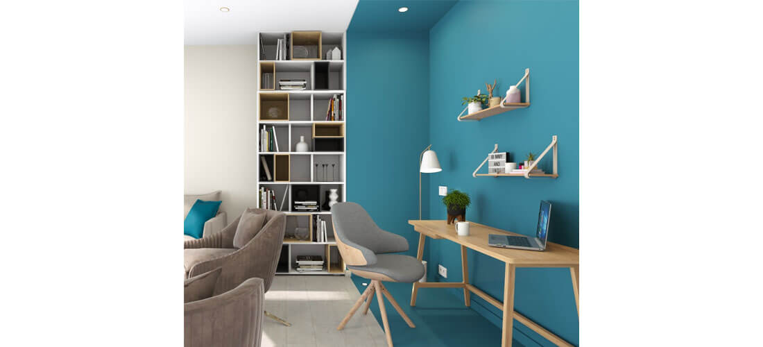 Cedreo 3D render of a living room with a desk