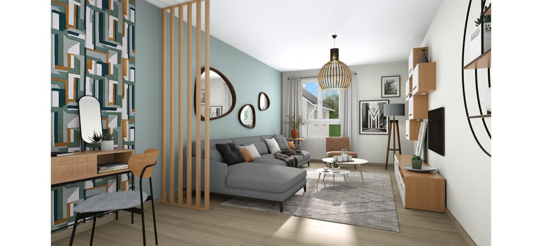 Cedreo 3D rendering of a living room with a long narrow space