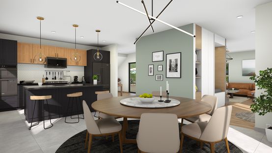 3D rendering of a modern dining room designed with Cedreo