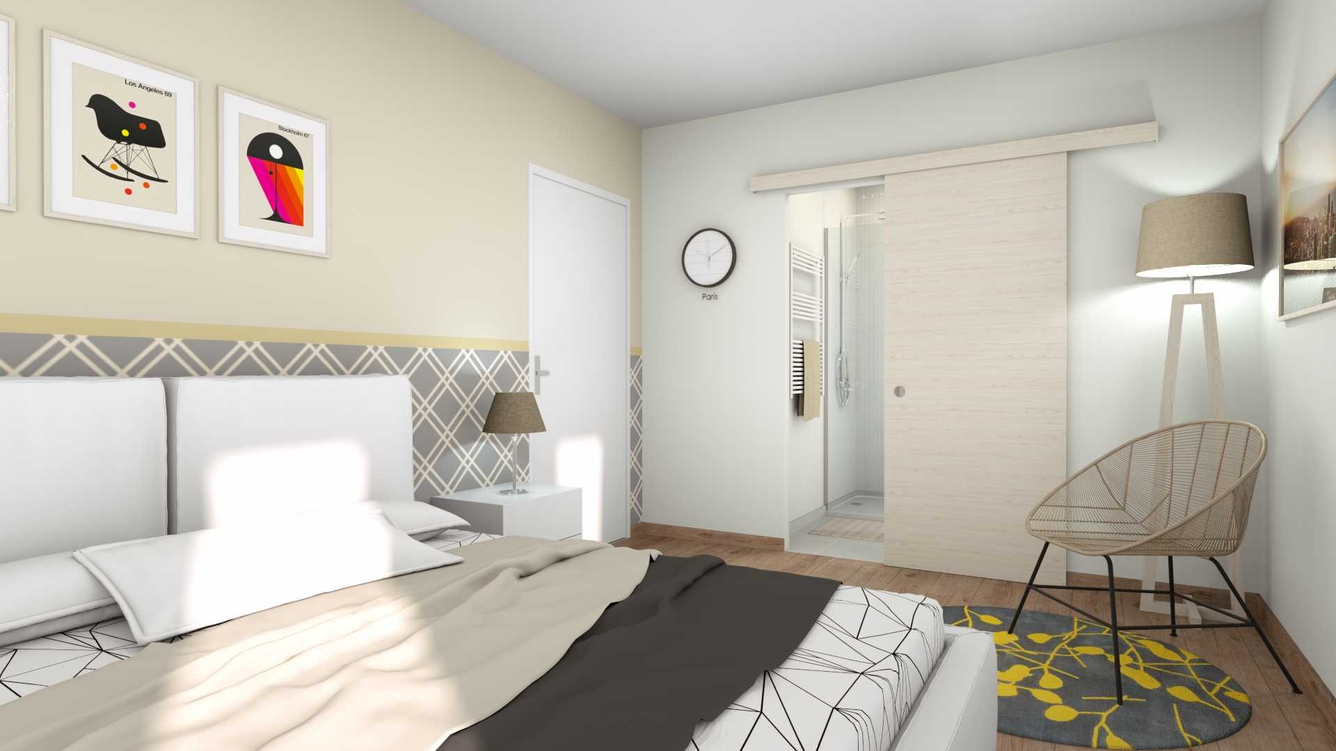 Perspective maison 3D intérieur avec suite parentale et porte en applique