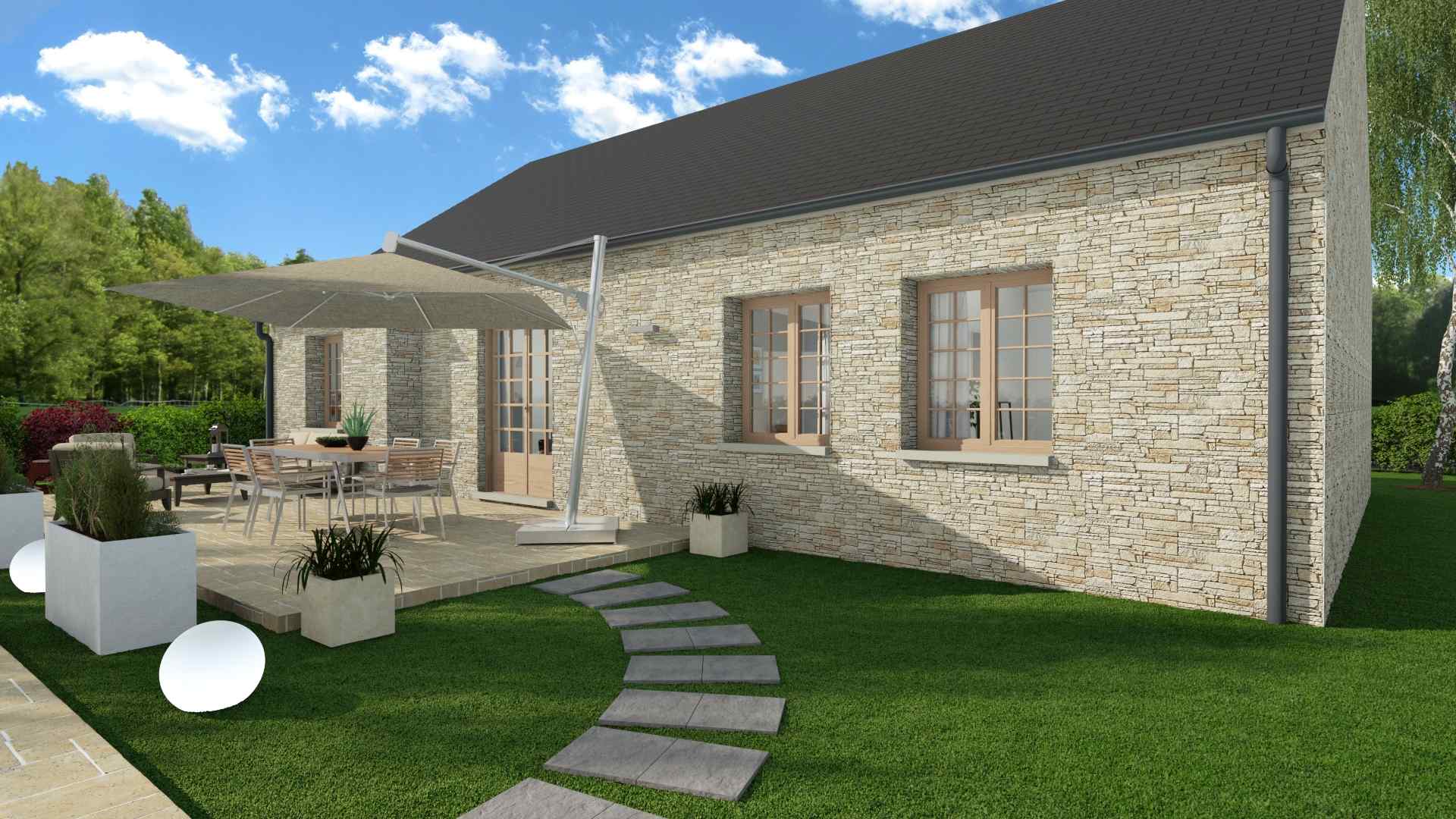 Modèle de maison traditionnelle sur logiciel 3D avec fenêtres à croisillons