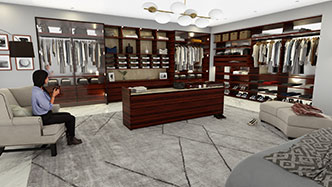 3D Walk-In Closet rendering designed with Cedreo