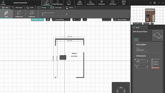 Cedreo Benutzeroberfläche - Grundriss zeichnen und Wandöffnungen einsetzen
