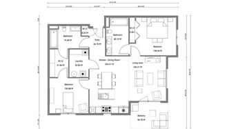 plano 2D en blanco y negro con 2 dormitorios realizado con Cedreo