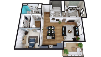 3D Grundriss einer Wohnung mit offenem Wohn- Essbereich