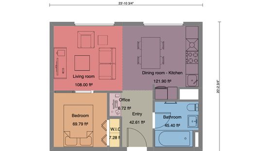 2D floor plan of an apartment with colors and symbols designed with Cedreo