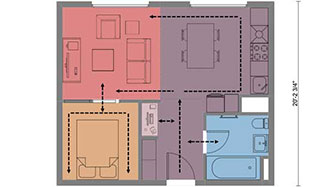 colored 2d studio apartment floor plan