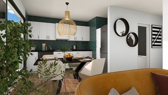 Representación en 3D del salón de un apartamento moderno diseñado con Cedreo