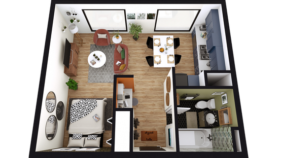 3D studio apartment floor plan