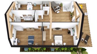 Plano de casa de 2 plantas con perspectiva