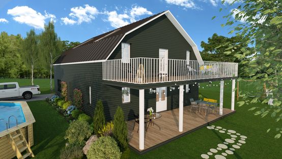 3D render of a barndominium house designed with Cedreo