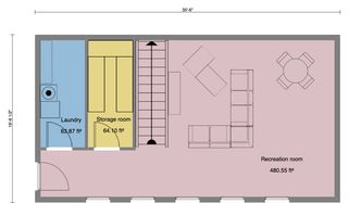 plan d'un sous-sol aménagé en lieu d'habitation avec salon TV et buanderie