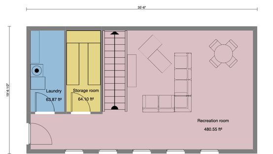 2D basement floor plan colored and labeled designed with Cedreo