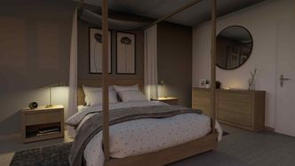 Render 3D de un dormitorio diseñado con Cedreo por la noche