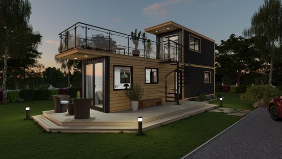 3D rendering of a container house designed with Cedreo