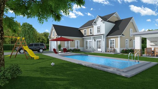 Craftsman house with pool back view in 3D