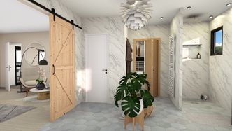 Render 3D de un baño principal dibujado con Cedreo