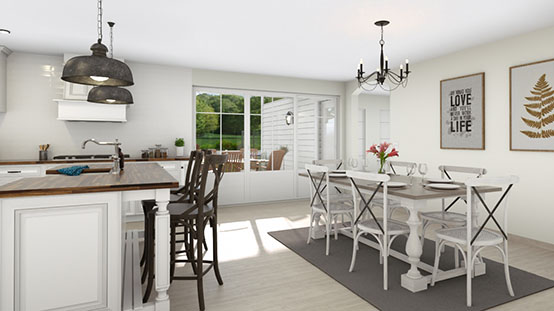 3D visual of a farmhouse dining room designed with Cedreo