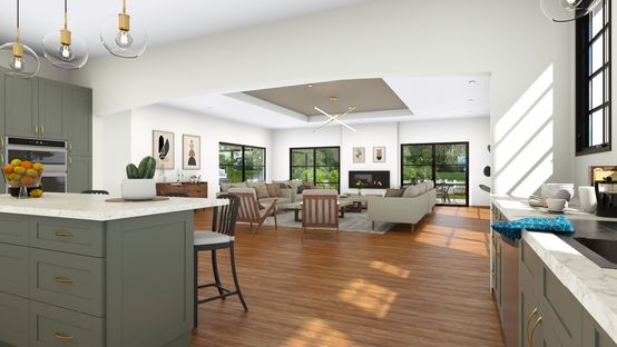 3D rendering of a kitchen open to the living room designed with Cedreo