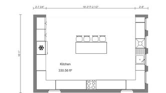 Plano 2D de una cocina en forma de U  creado con Cedreo