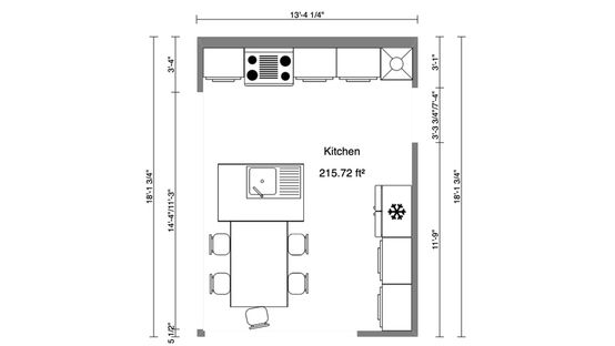 2D floor plan of a L shaped kitchen designed with Cedreo