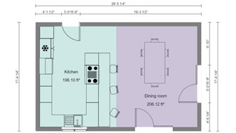 Plano 2D en color de una cocina en forma de U creado con Cedreo