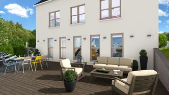 3d diseño de patio trasero con muro de contención