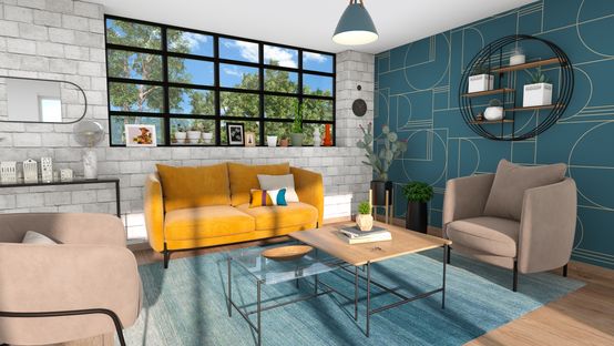 Representación en 3D del salón de un apartamento diseñado con Cedreo