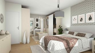 Render en 3D de un dormitorio principal diseñado con Cedreo