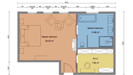 Plano 2D de un dormitorio principal diseñado con Cedreo