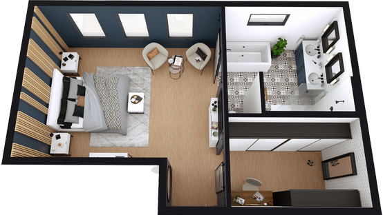 Plano 3D de un dormitorio principal diseñado con Cedreo