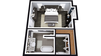 Plano en 3D del dormitorio principal diseñado con Cedreo
